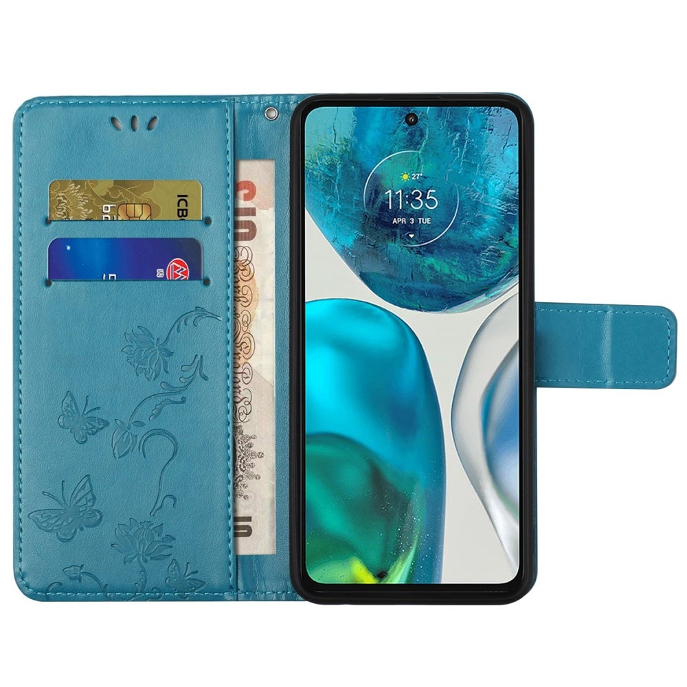 Motorola E32 Leather Cover Imprinted Butterflies Blue