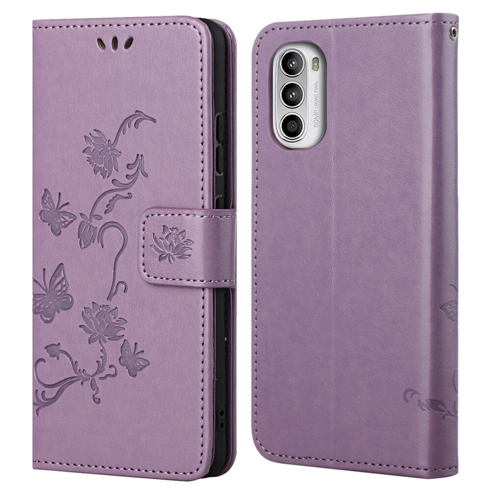 Motorola E32 Leather Cover Imprinted Butterflies Purple