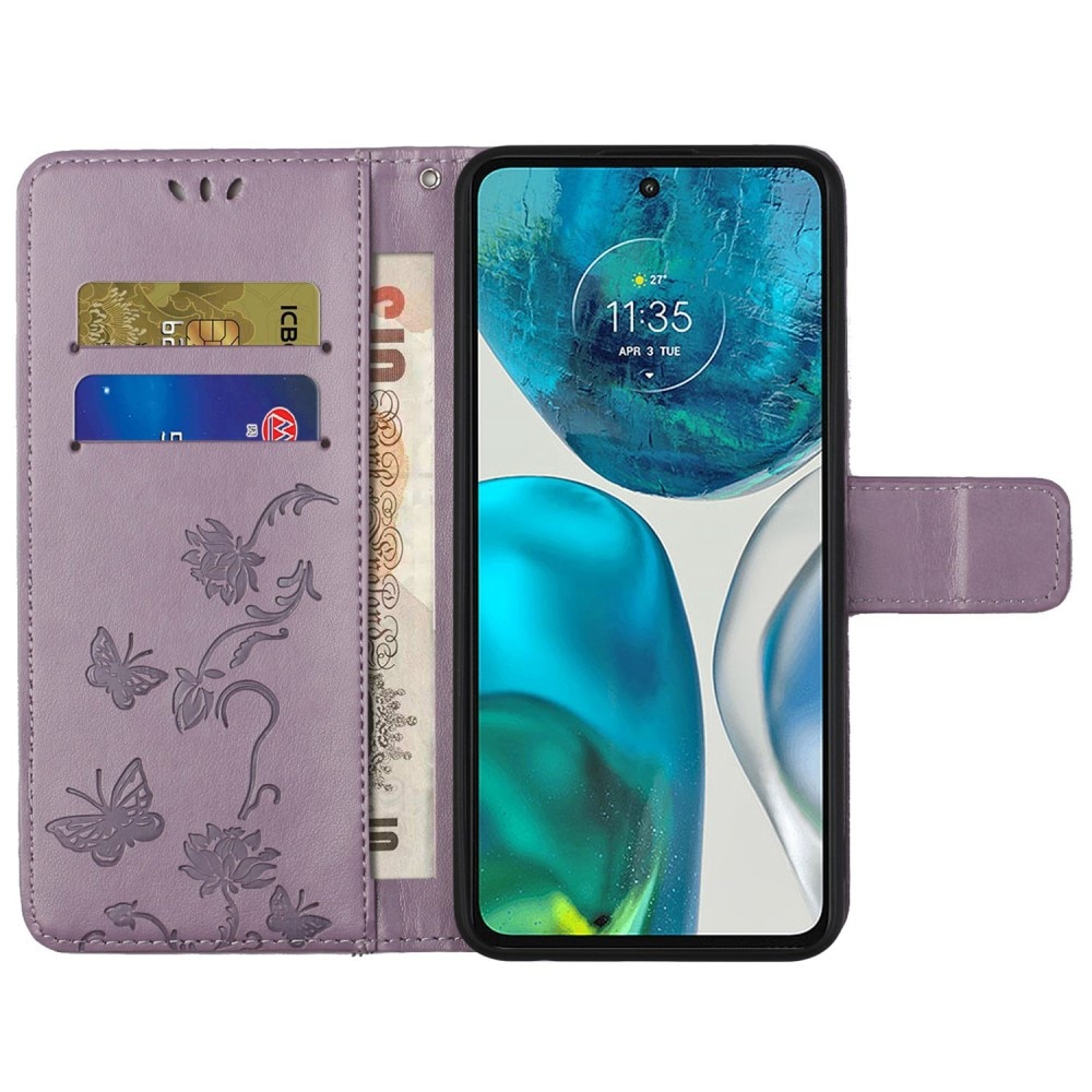 Motorola E32 Leather Cover Imprinted Butterflies Purple