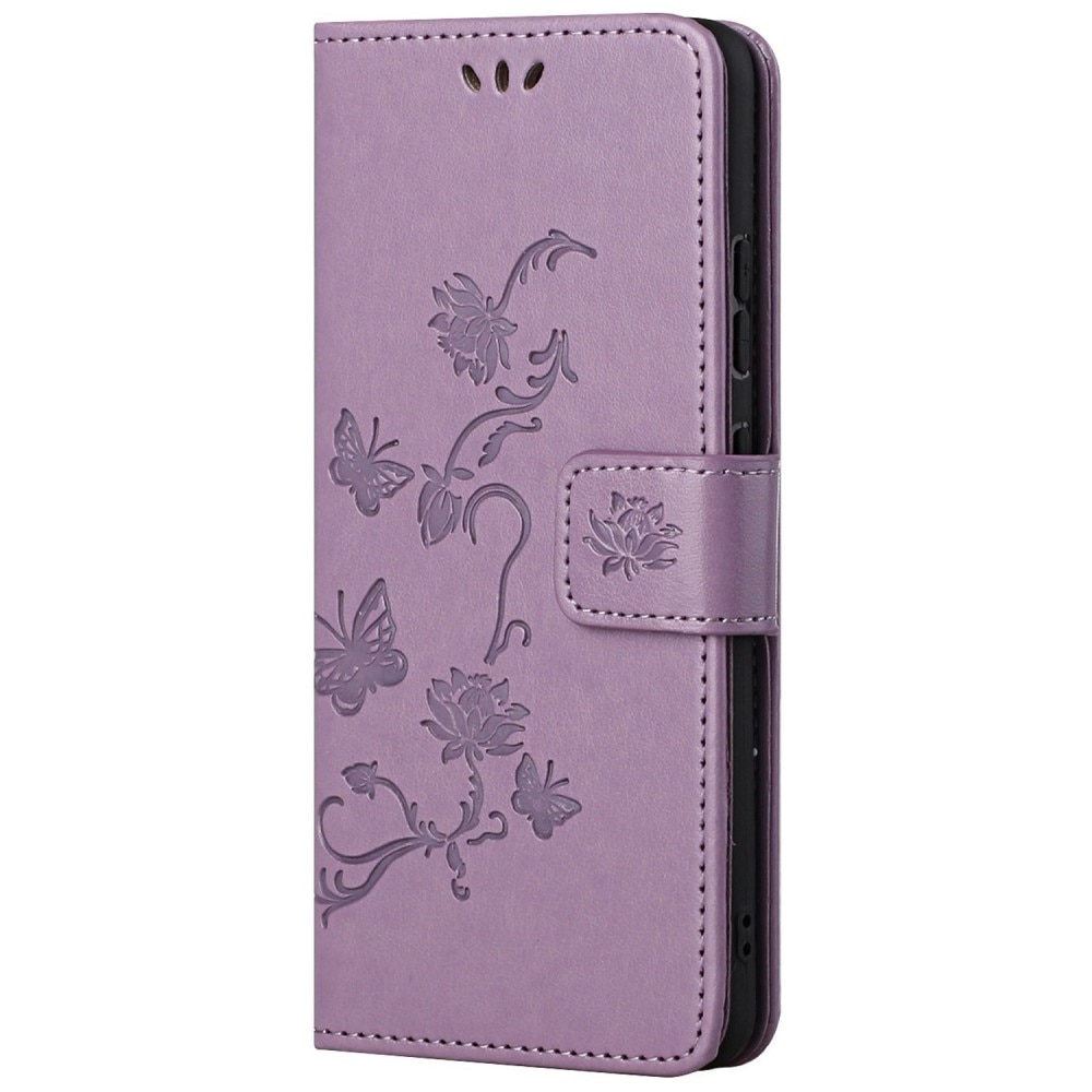 Motorola E32 Leather Cover Imprinted Butterflies Purple