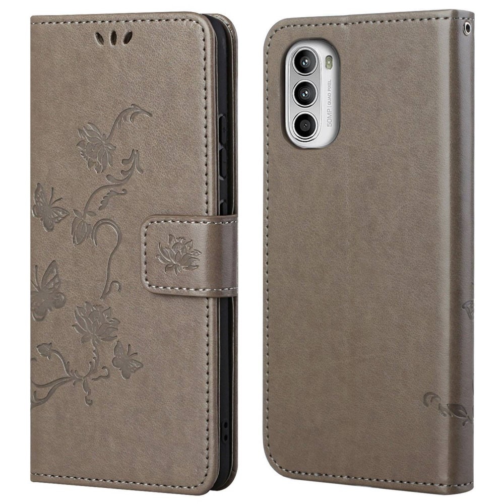 Motorola E32 Leather Cover Imprinted Butterflies Grey