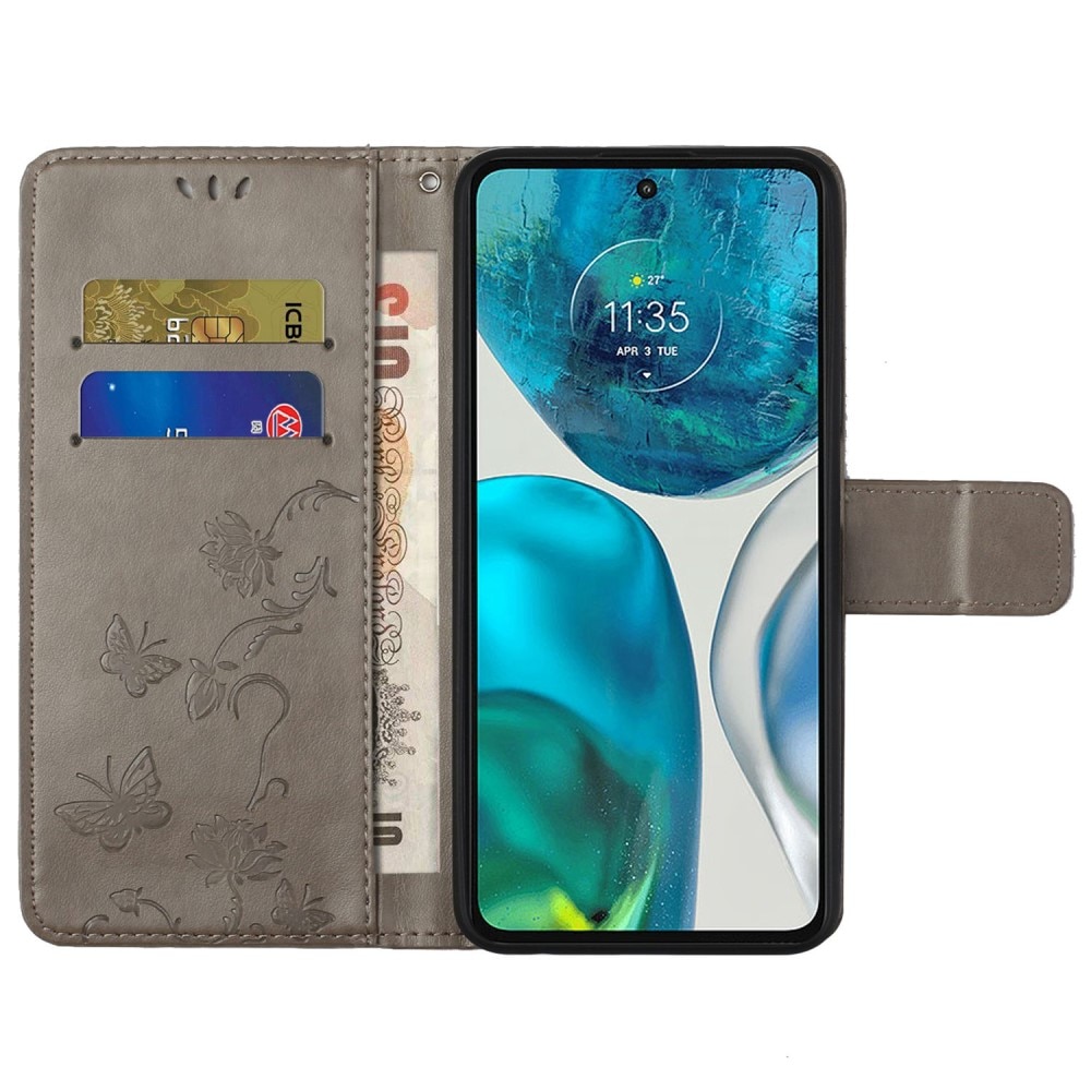 Motorola E32 Leather Cover Imprinted Butterflies Grey