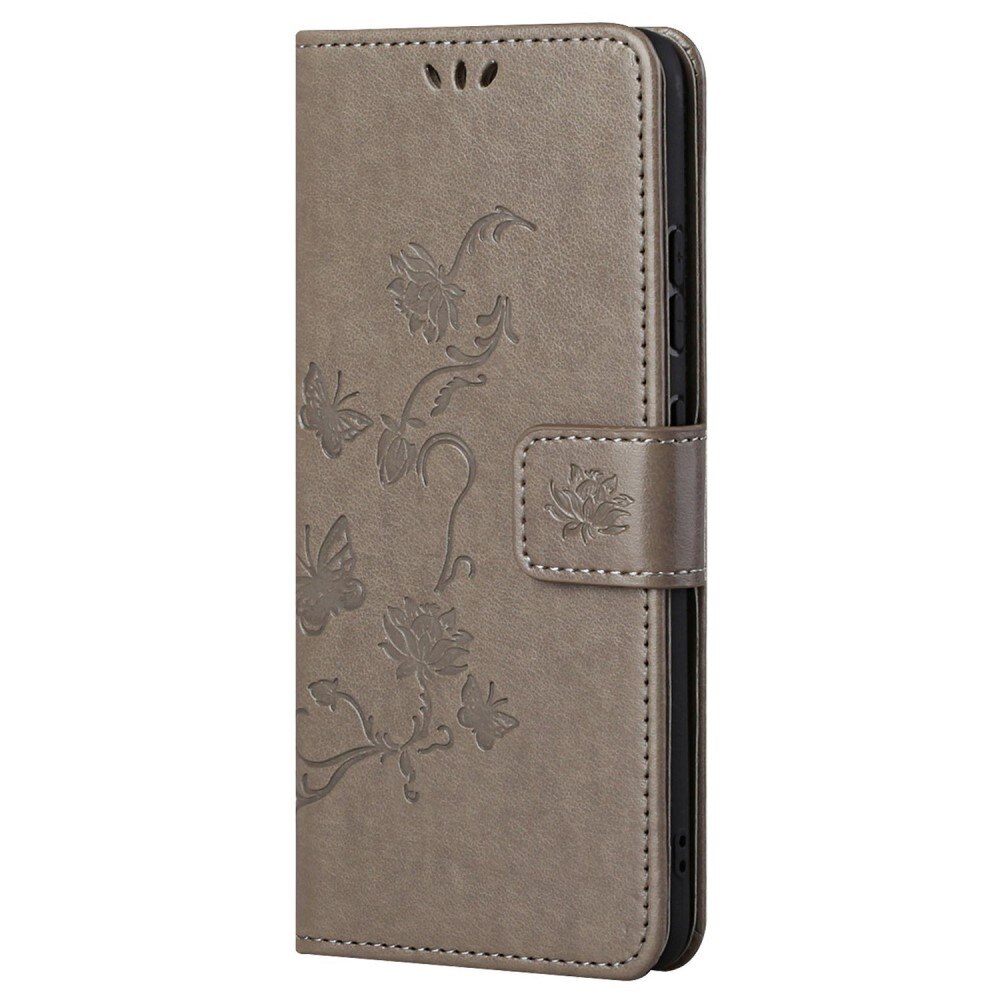 Motorola E32 Leather Cover Imprinted Butterflies Grey