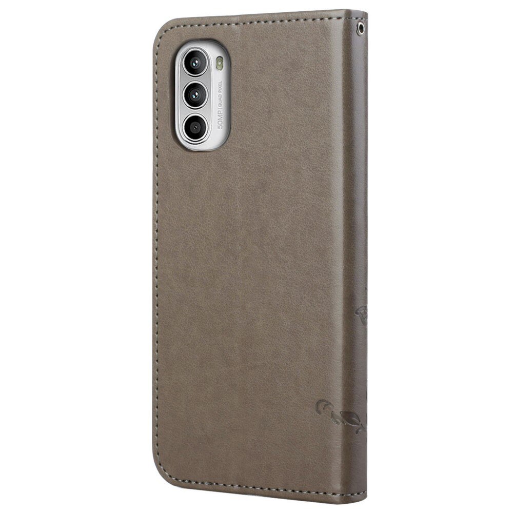 Motorola E32 Leather Cover Imprinted Butterflies Grey