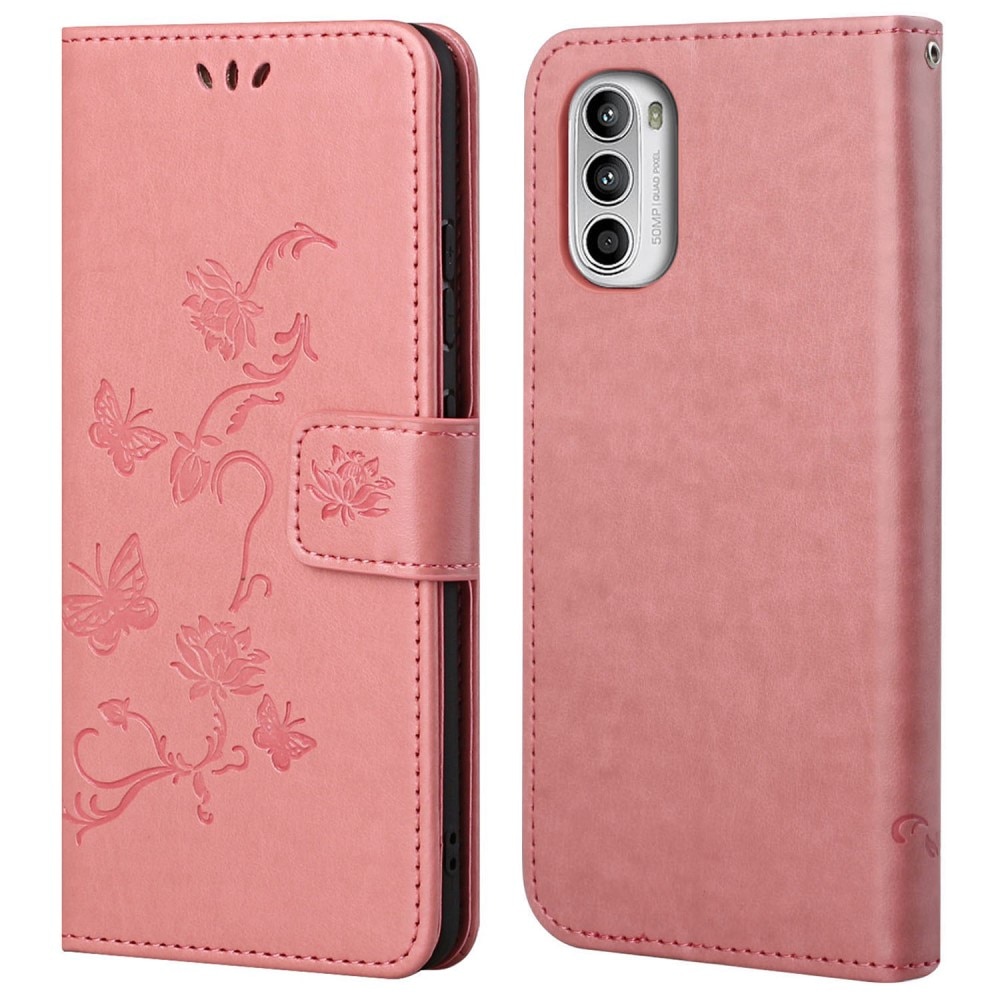 Motorola E32 Leather Cover Imprinted Butterflies Pink