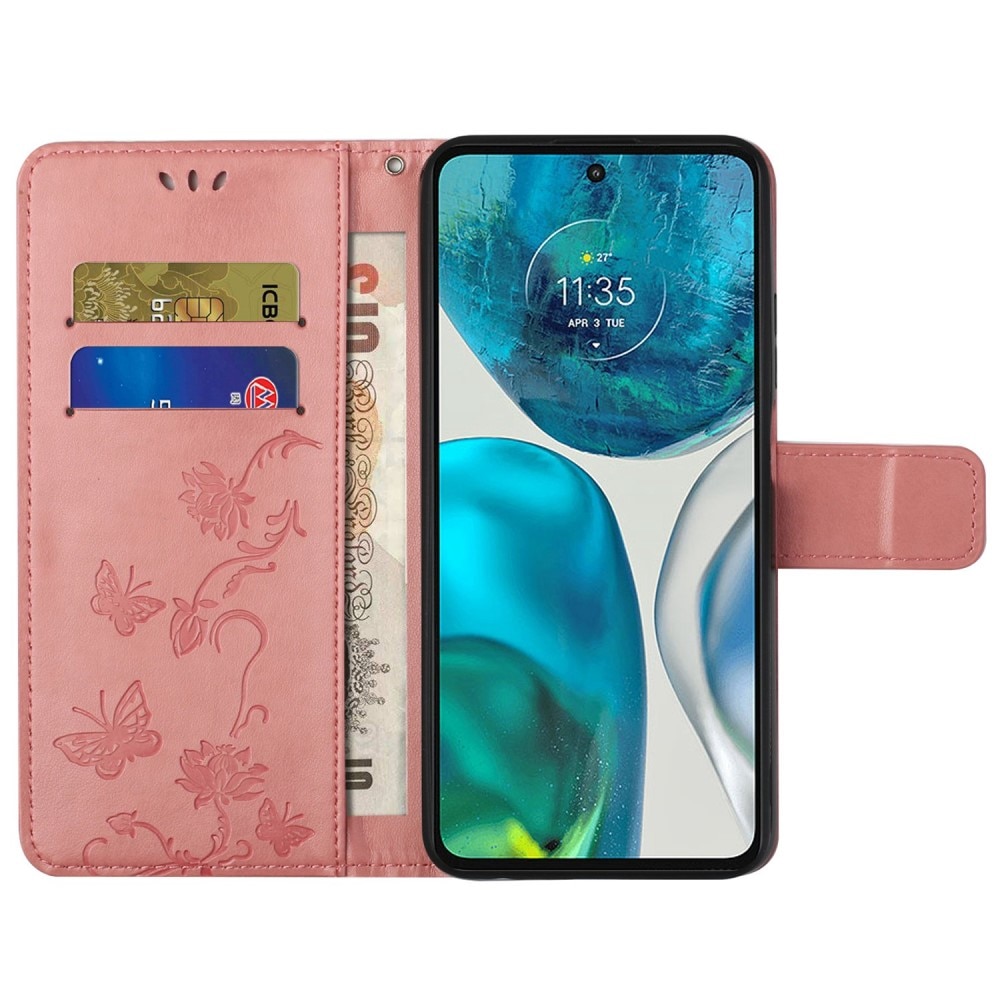 Motorola E32 Leather Cover Imprinted Butterflies Pink