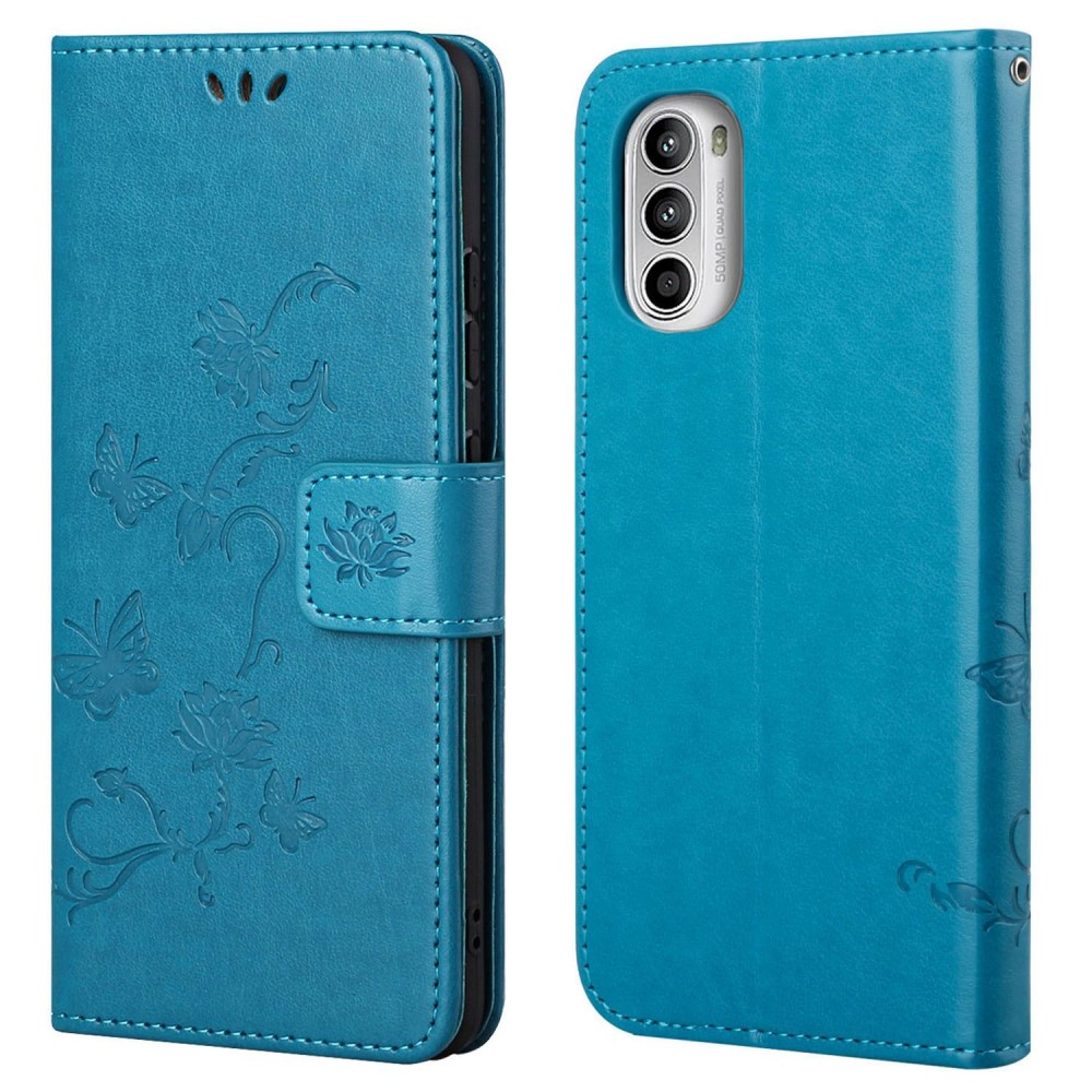 Motorola Moto G52 Leather Cover Imprinted Butterflies Blue