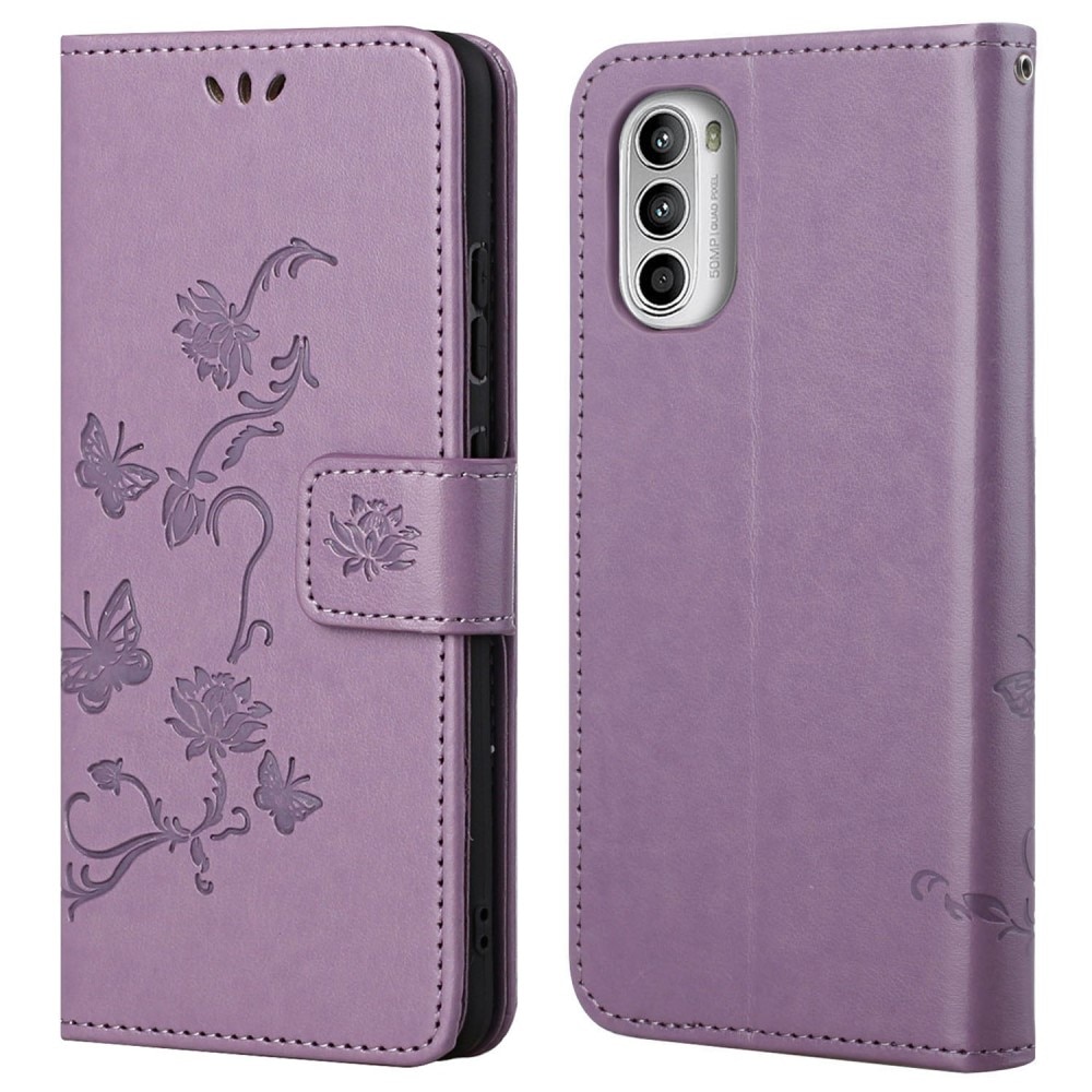 Motorola Moto G52 Leather Cover Imprinted Butterflies Purple
