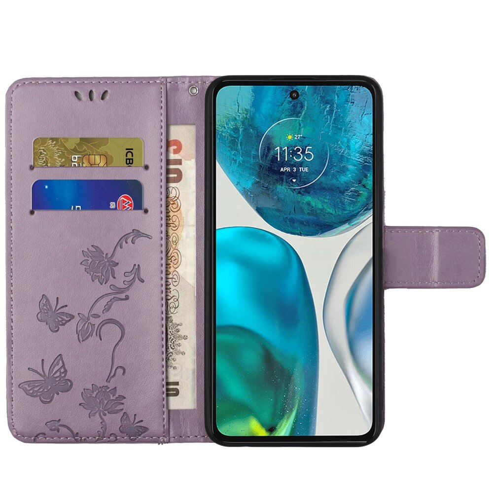 Motorola Moto G52 Leather Cover Imprinted Butterflies Purple