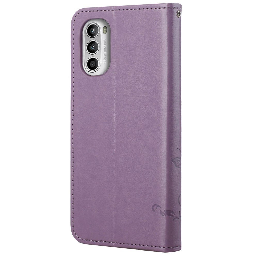 Motorola Moto G52 Leather Cover Imprinted Butterflies Purple