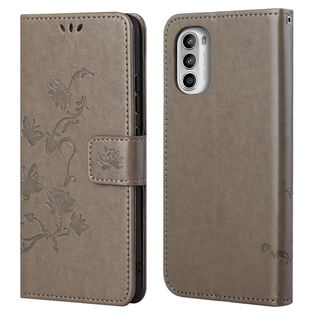Motorola Moto G52 Leather Cover Imprinted Butterflies Grey