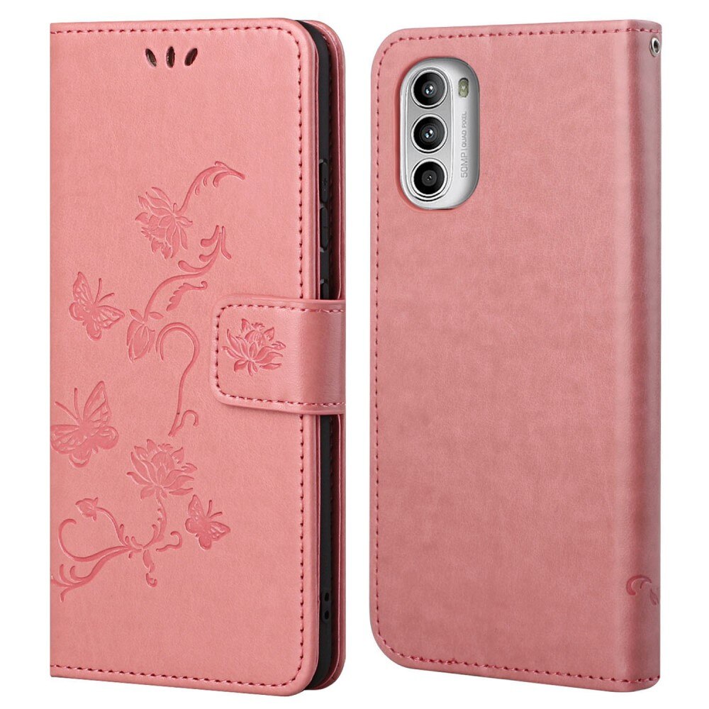 Motorola Moto G52 Leather Cover Imprinted Butterflies Pink