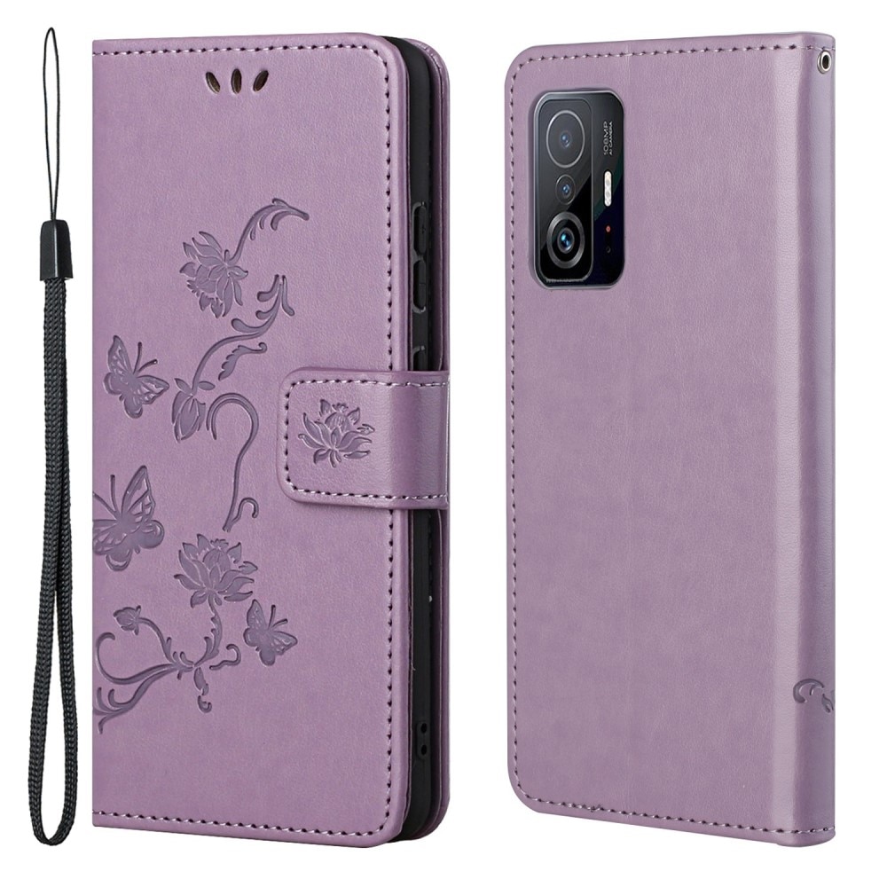 Xiaomi 11T/11T Pro Leather Cover Imprinted Butterflies Purple