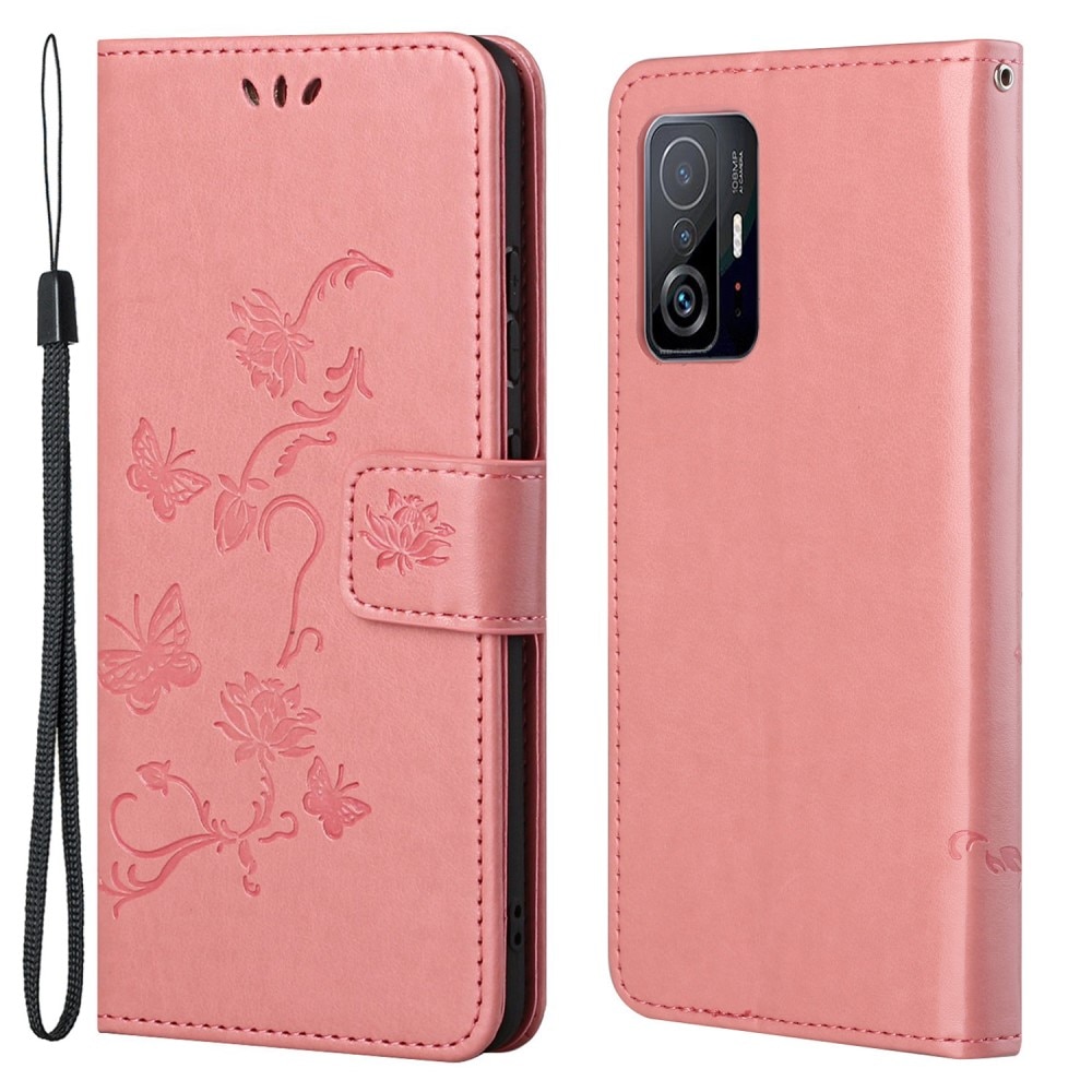 Xiaomi 11T/11T Pro Leather Cover Imprinted Butterflies Pink