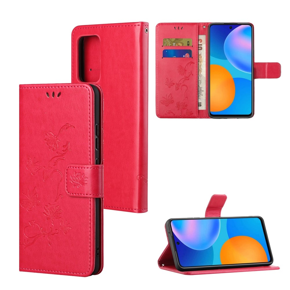 Xiaomi Redmi Note 11 Leather Cover Imprinted Butterflies Red