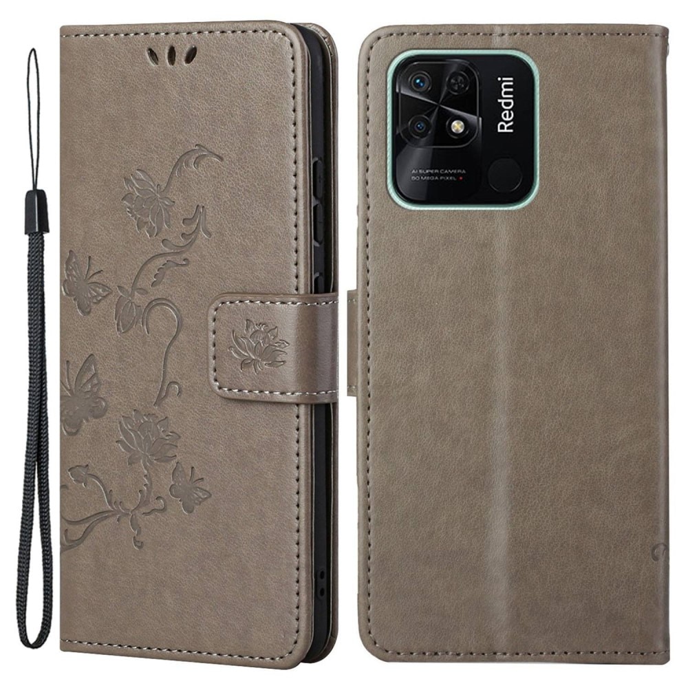 Xiaomi Redmi 10C Leather Cover Imprinted Butterflies Grey