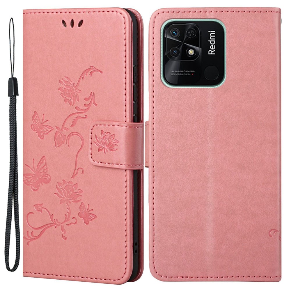 Xiaomi Redmi 10C Leather Cover Imprinted Butterflies Pink