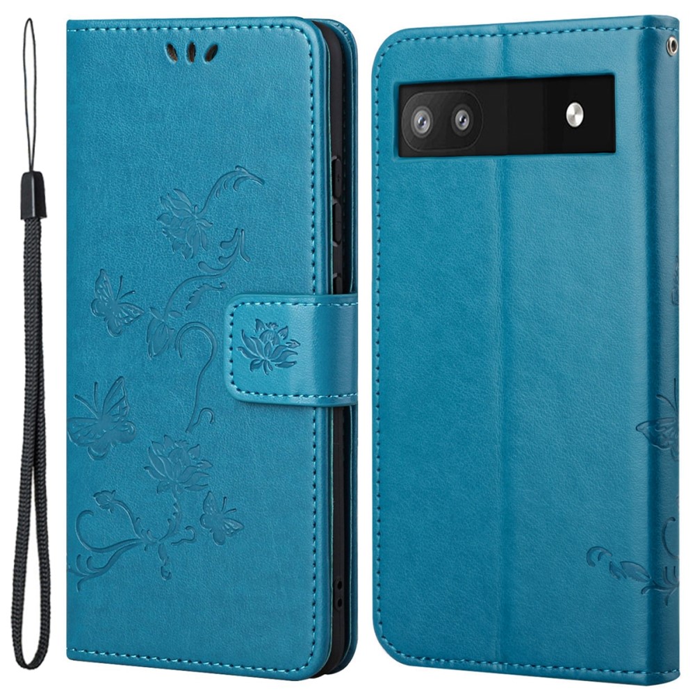 Google Pixel 6a Leather Cover Imprinted Butterflies Blue