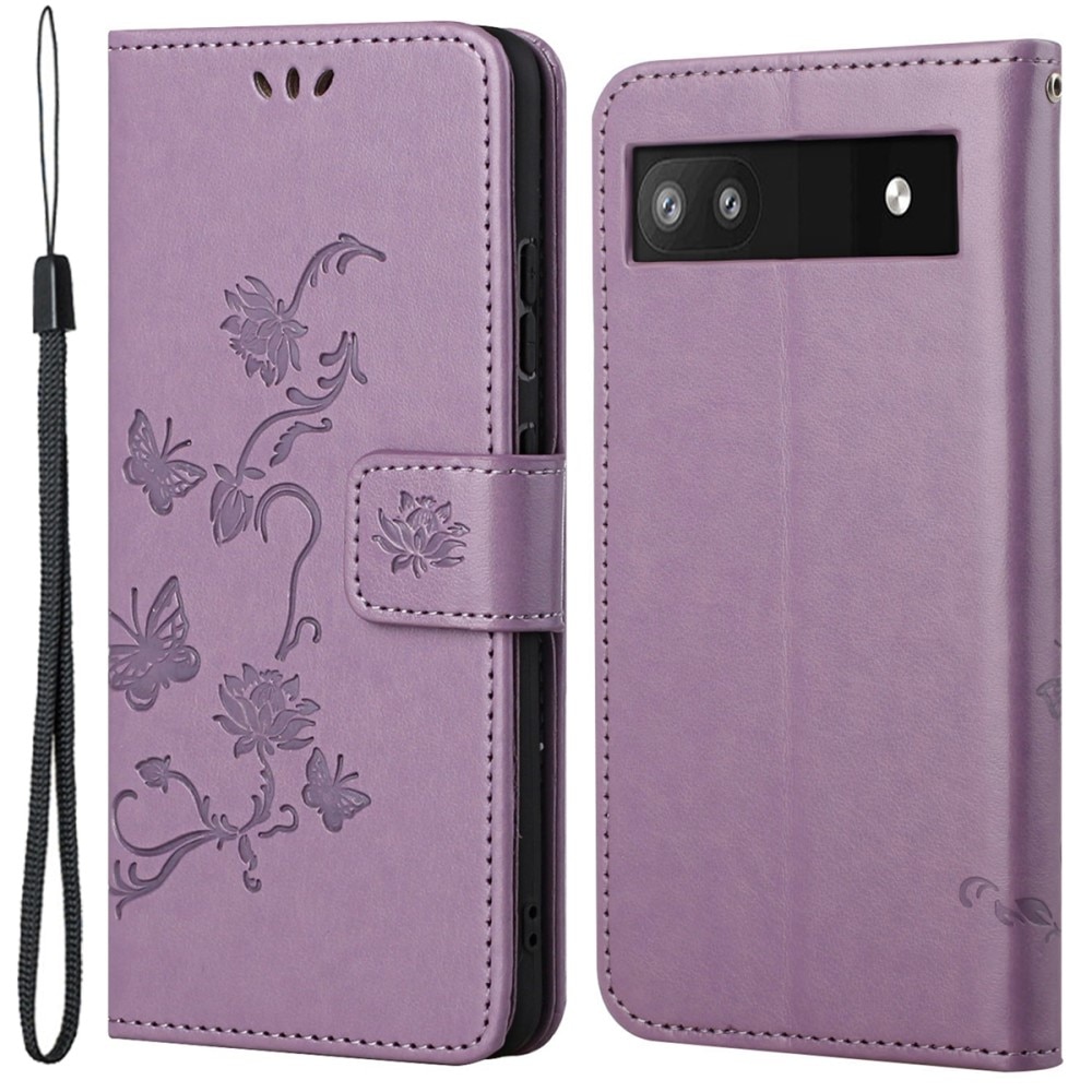 Google Pixel 6a Leather Cover Imprinted Butterflies Purple