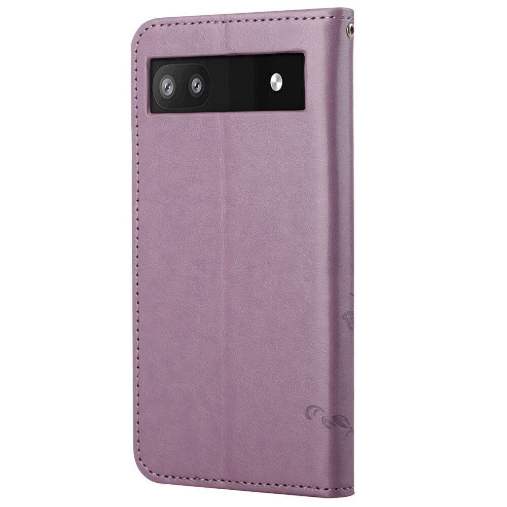 Google Pixel 6a Leather Cover Imprinted Butterflies Purple