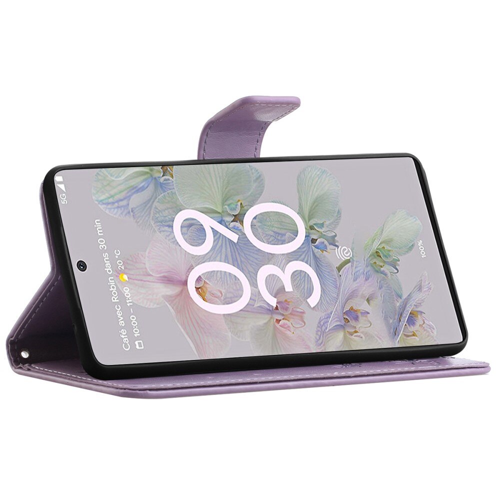 Google Pixel 6a Leather Cover Imprinted Butterflies Purple