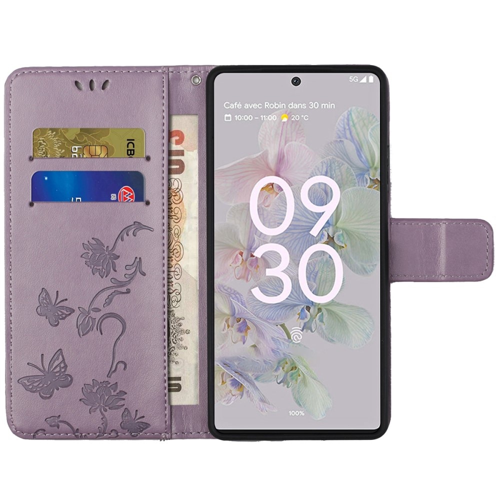Google Pixel 6a Leather Cover Imprinted Butterflies Purple