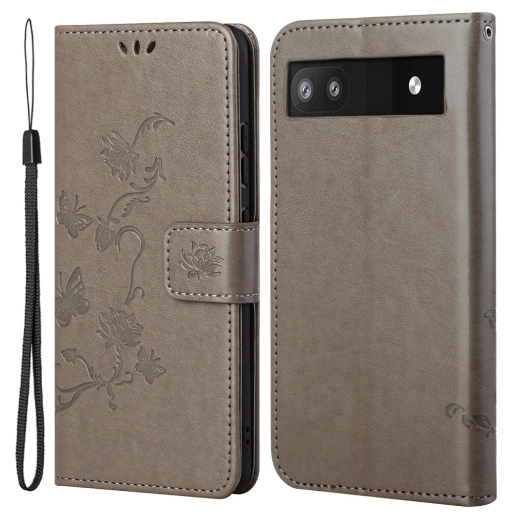 Google Pixel 6a Leather Cover Imprinted Butterflies Grey