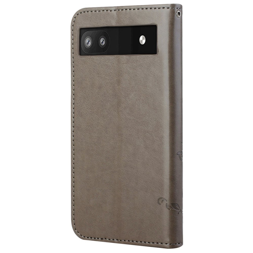 Google Pixel 6a Leather Cover Imprinted Butterflies Grey