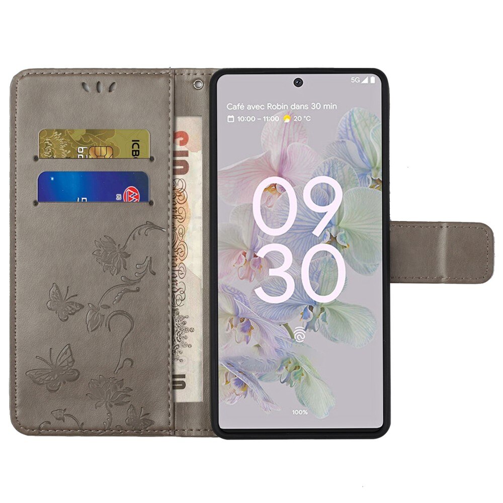 Google Pixel 6a Leather Cover Imprinted Butterflies Grey