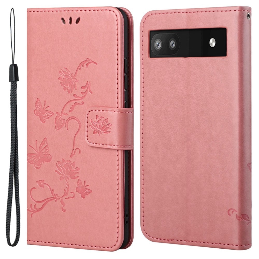 Google Pixel 6a Leather Cover Imprinted Butterflies Pink