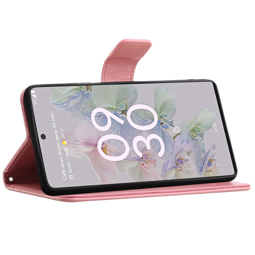 Google Pixel 6a Leather Cover Imprinted Butterflies Pink