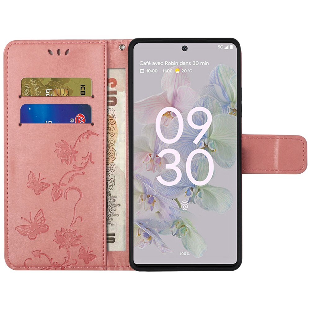 Google Pixel 6a Leather Cover Imprinted Butterflies Pink