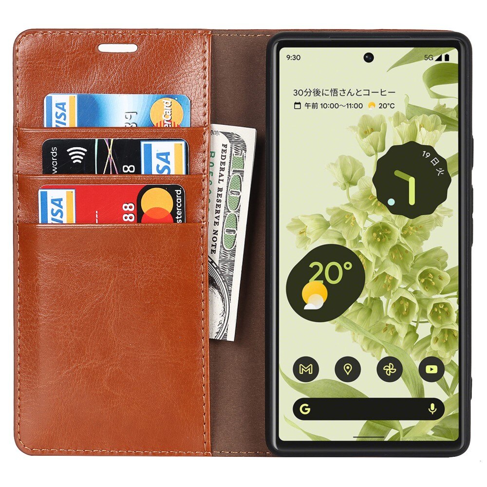 Google Pixel 6a Genuine Leather Wallet Case Brown