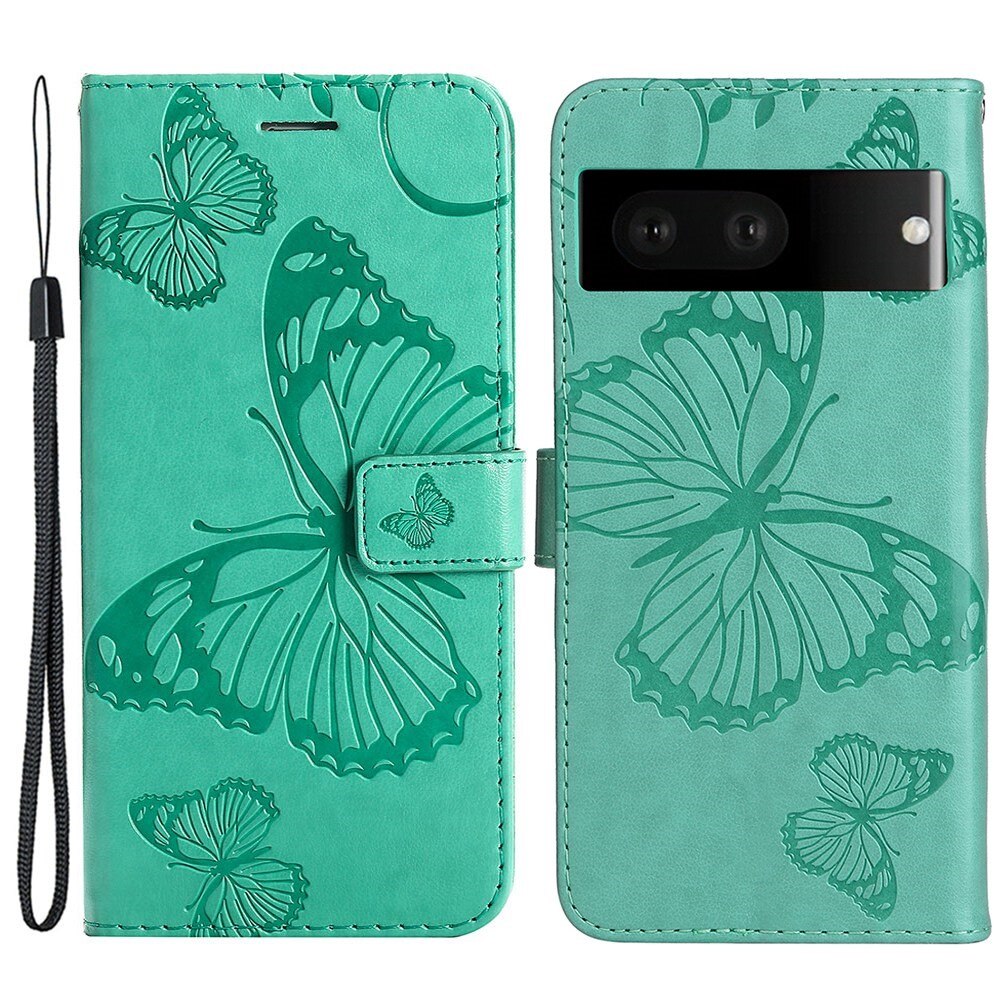 Google Pixel 7 Leather Cover Imprinted Butterflies Green