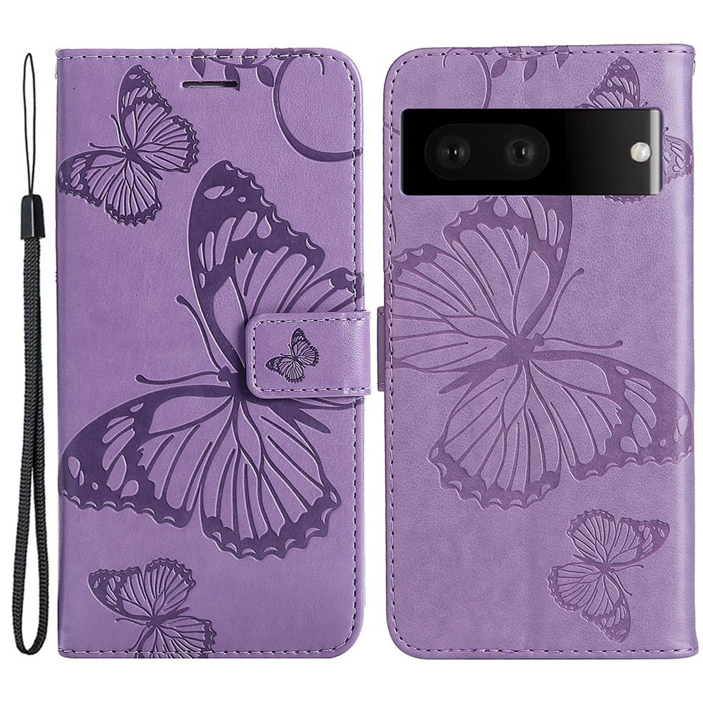Google Pixel 7 Leather Cover Imprinted Butterflies Purple
