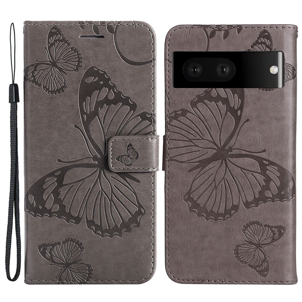 Google Pixel 7 Leather Cover Imprinted Butterflies Grey