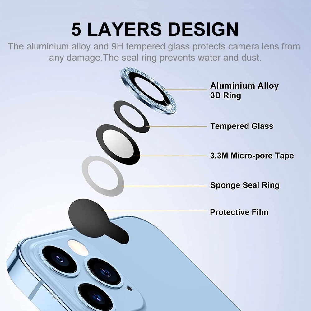 iPhone 13 Pro Max Glitter Aluminium Tempered Glass Lens Protector Blue