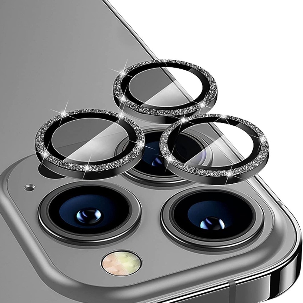 iPhone 13 Pro/13 Pro Max Glitter Aluminium Tempered Glass Lens Protector Black