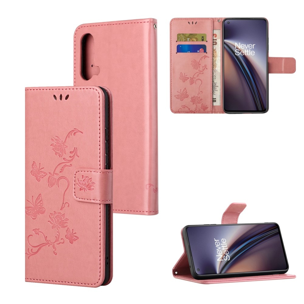 OnePlus Nord CE 5G Leather Cover Imprinted Butterflies Pink