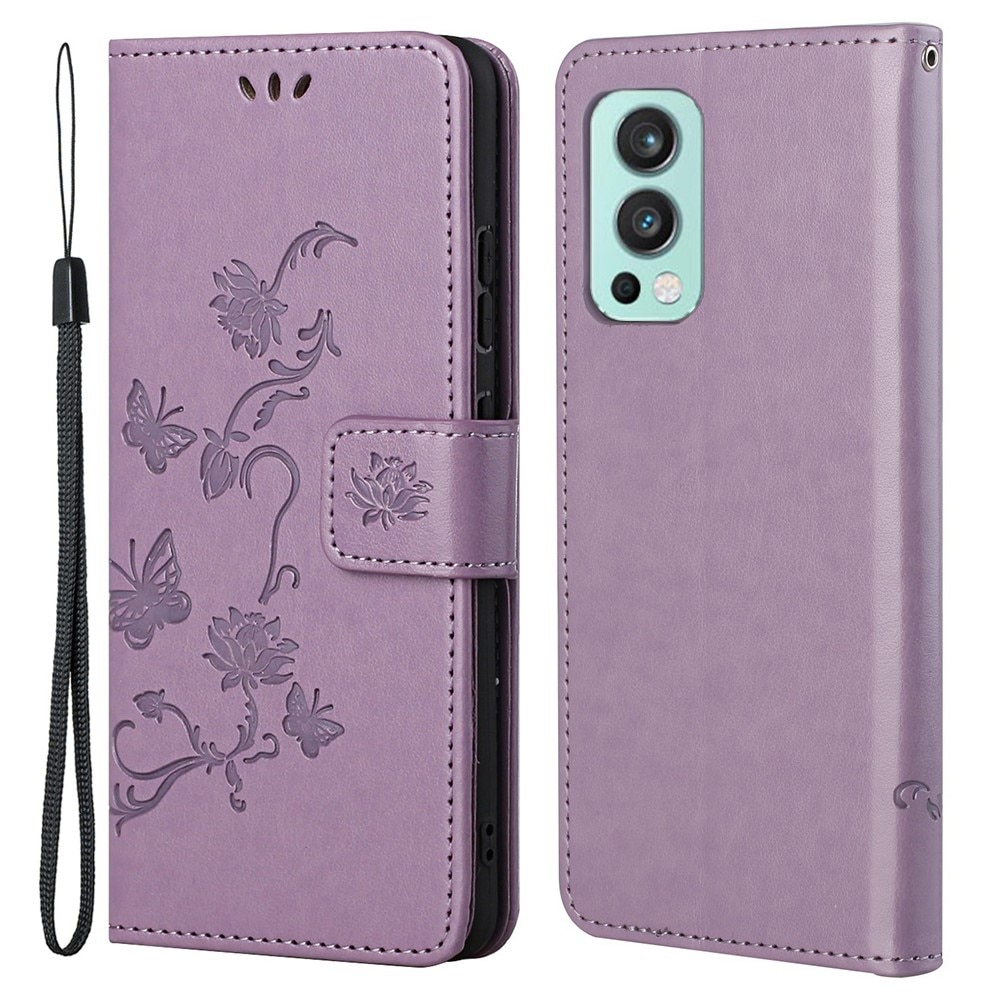 OnePlus Nord 2 5G Leather Cover Imprinted Butterflies Purple