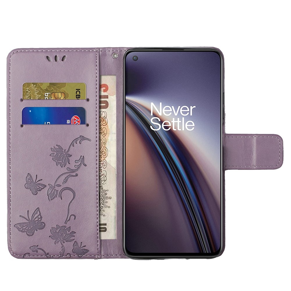 OnePlus Nord 2 5G Leather Cover Imprinted Butterflies Purple