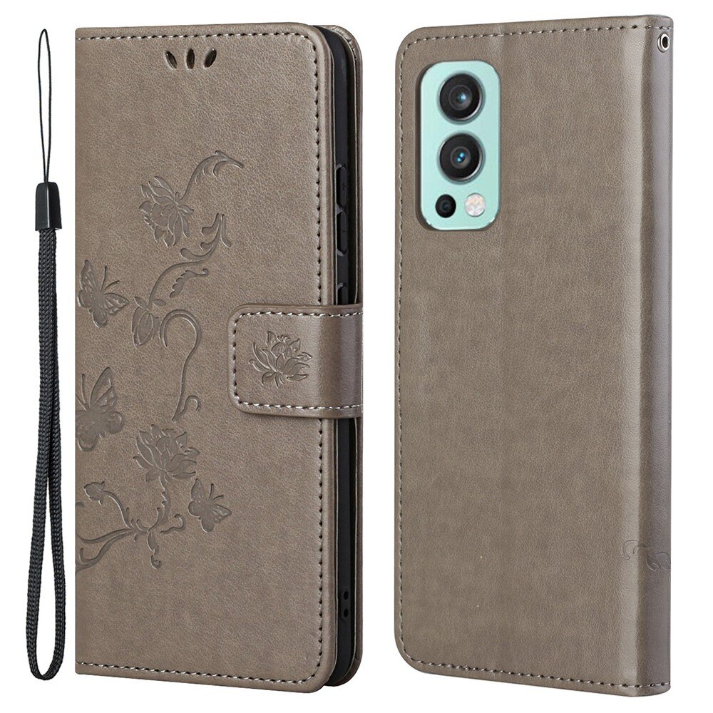  OnePlus Nord 2 5G Leather Cover Imprinted Butterflies Grey