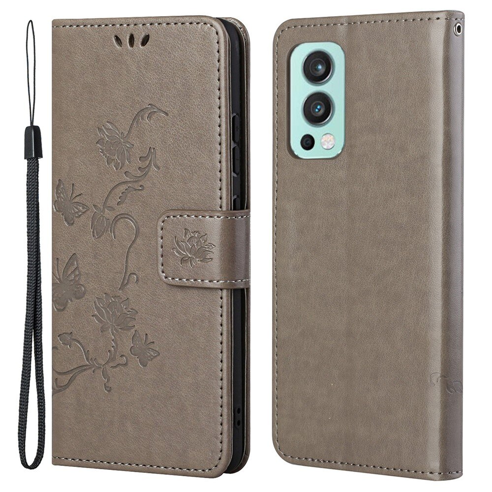 OnePlus Nord 2 5G Leather Cover Imprinted Butterflies Grey