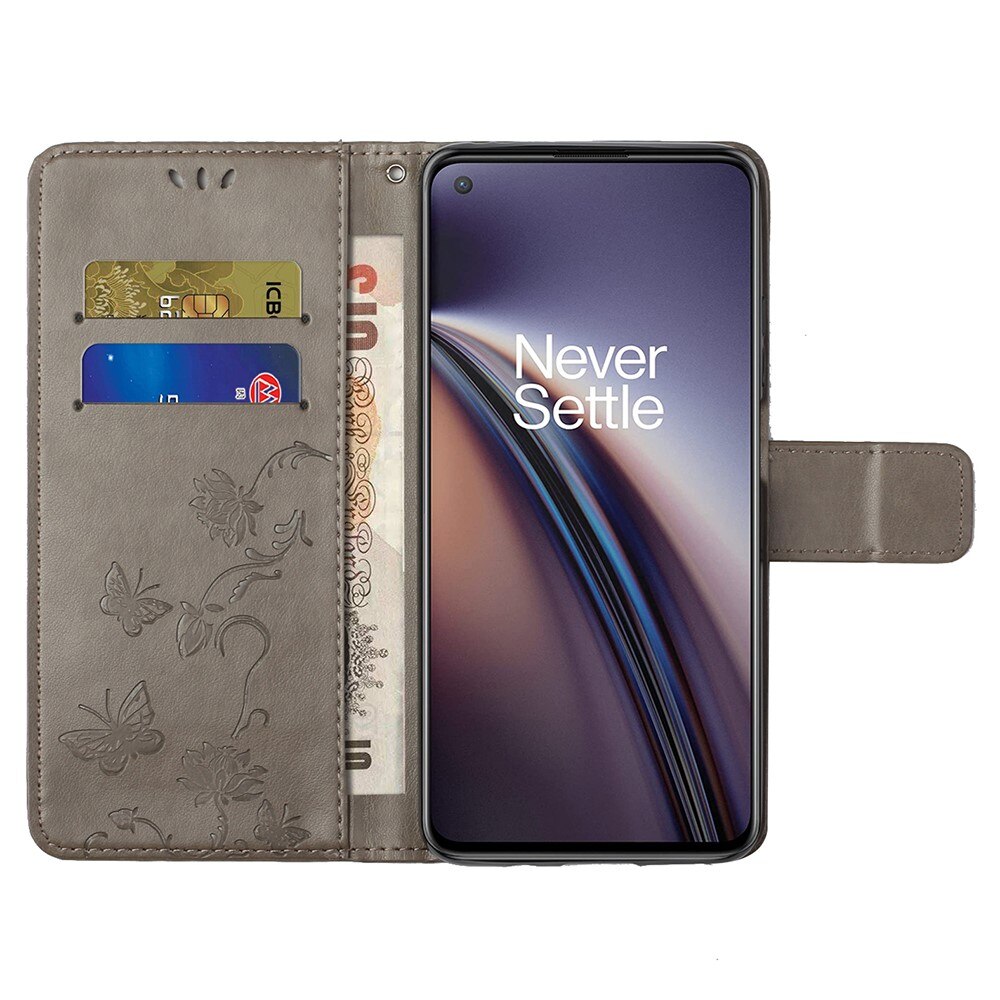 OnePlus Nord 2 5G Leather Cover Imprinted Butterflies Grey