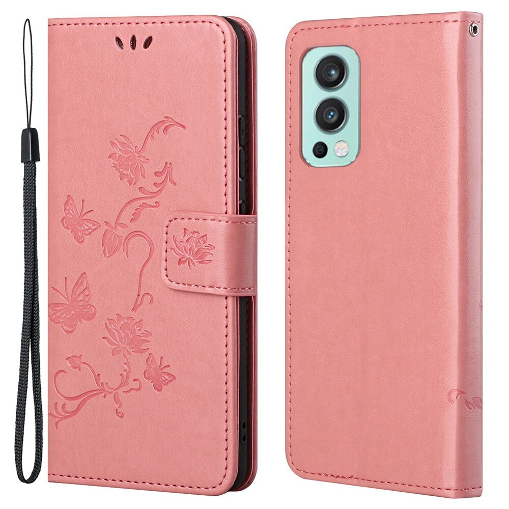  OnePlus Nord 2 5G Leather Cover Imprinted Butterflies Pink