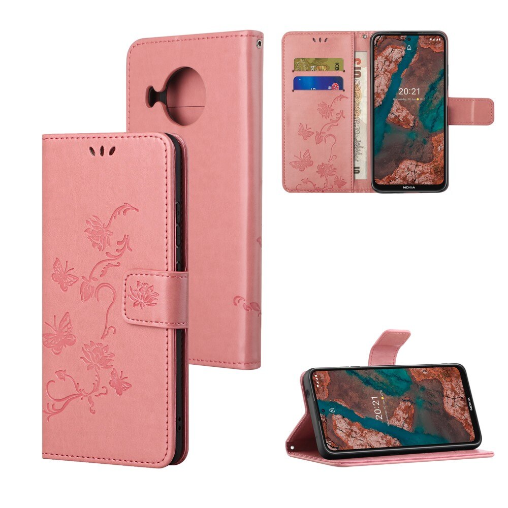 Nokia X20/X10 Leather Cover Imprinted Butterflies Pink
