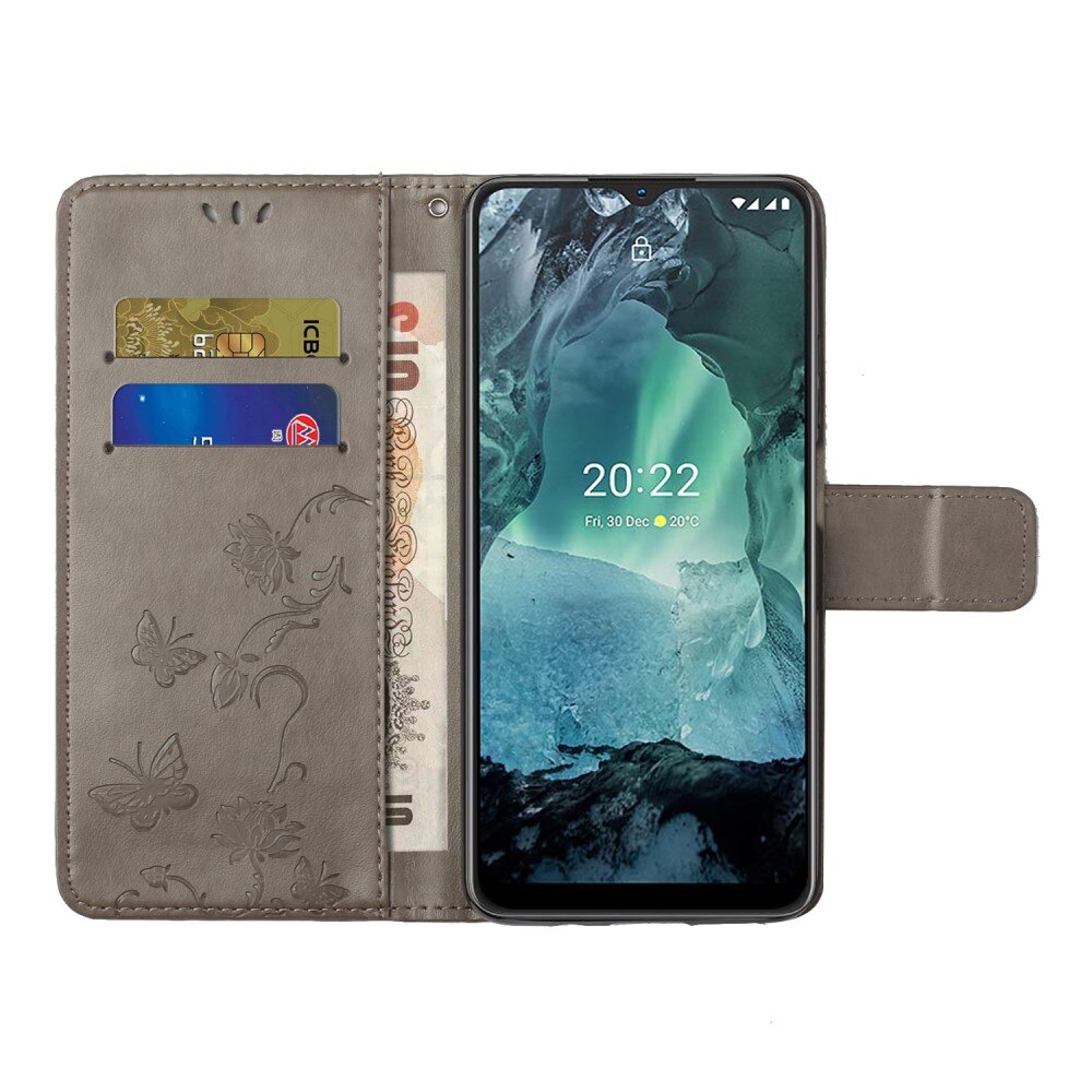  Nokia G11/Nokia G21 Leather Cover Imprinted Butterflies Grey