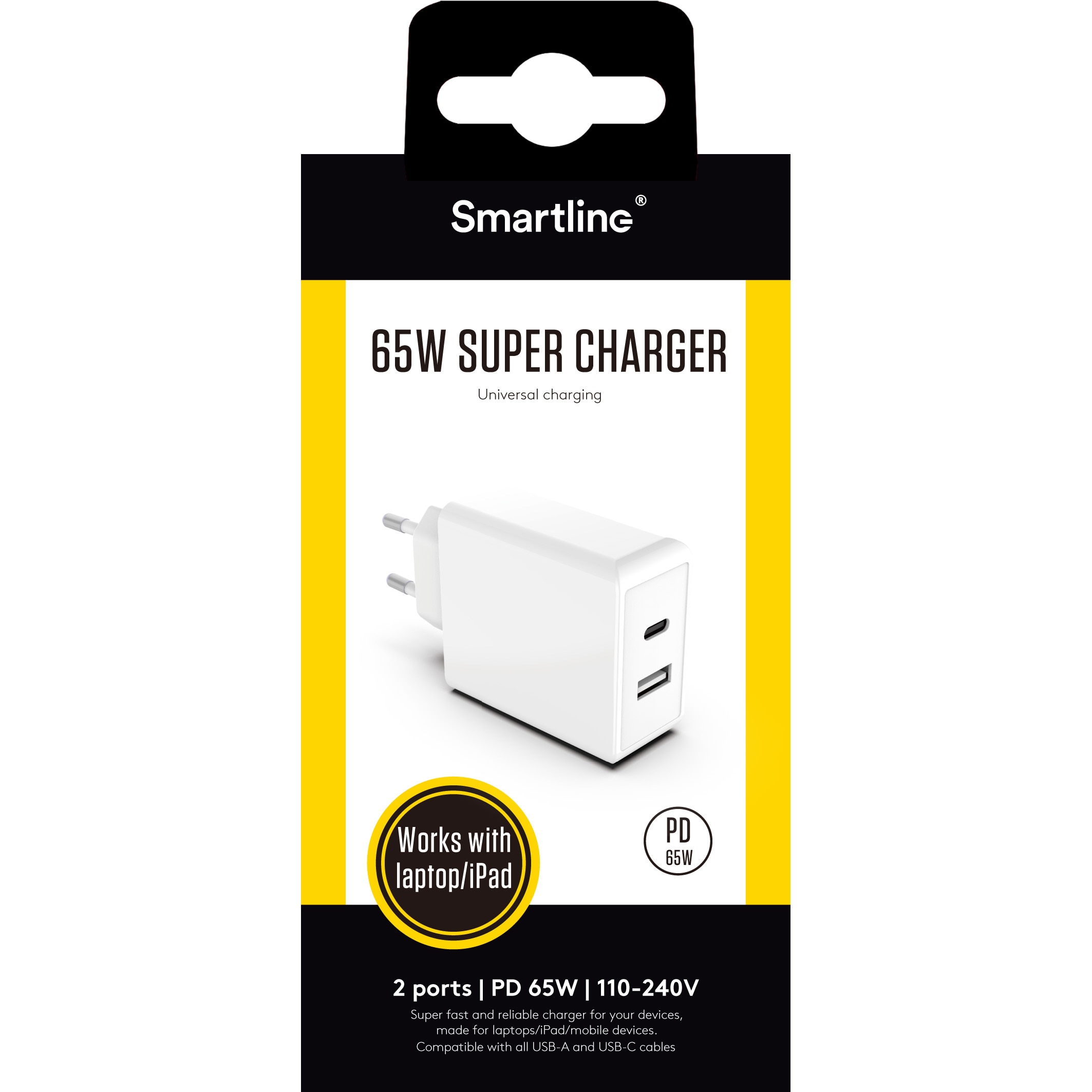 Dual USB-C+A Power Adapter 65W Power Delivery White
