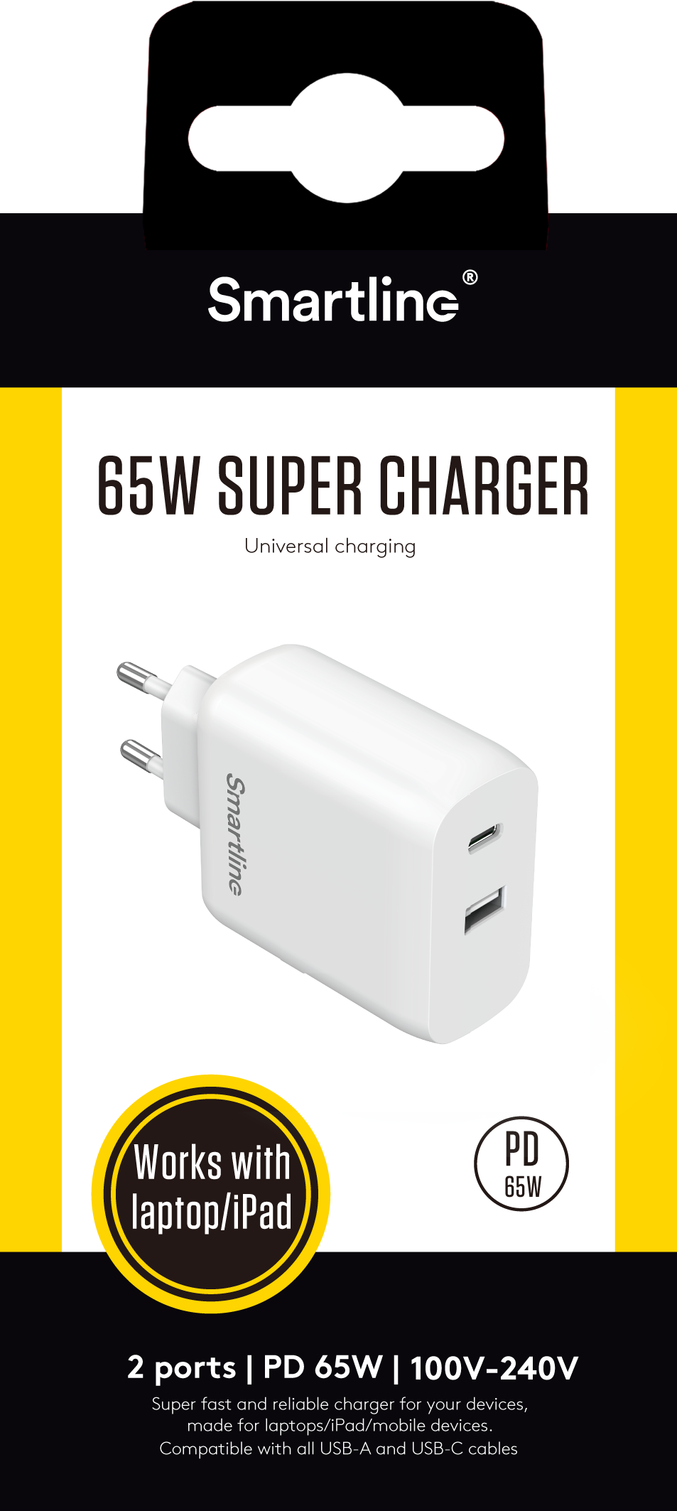 Dual USB-C+A Power Adapter GaN 65W Power Delivery White