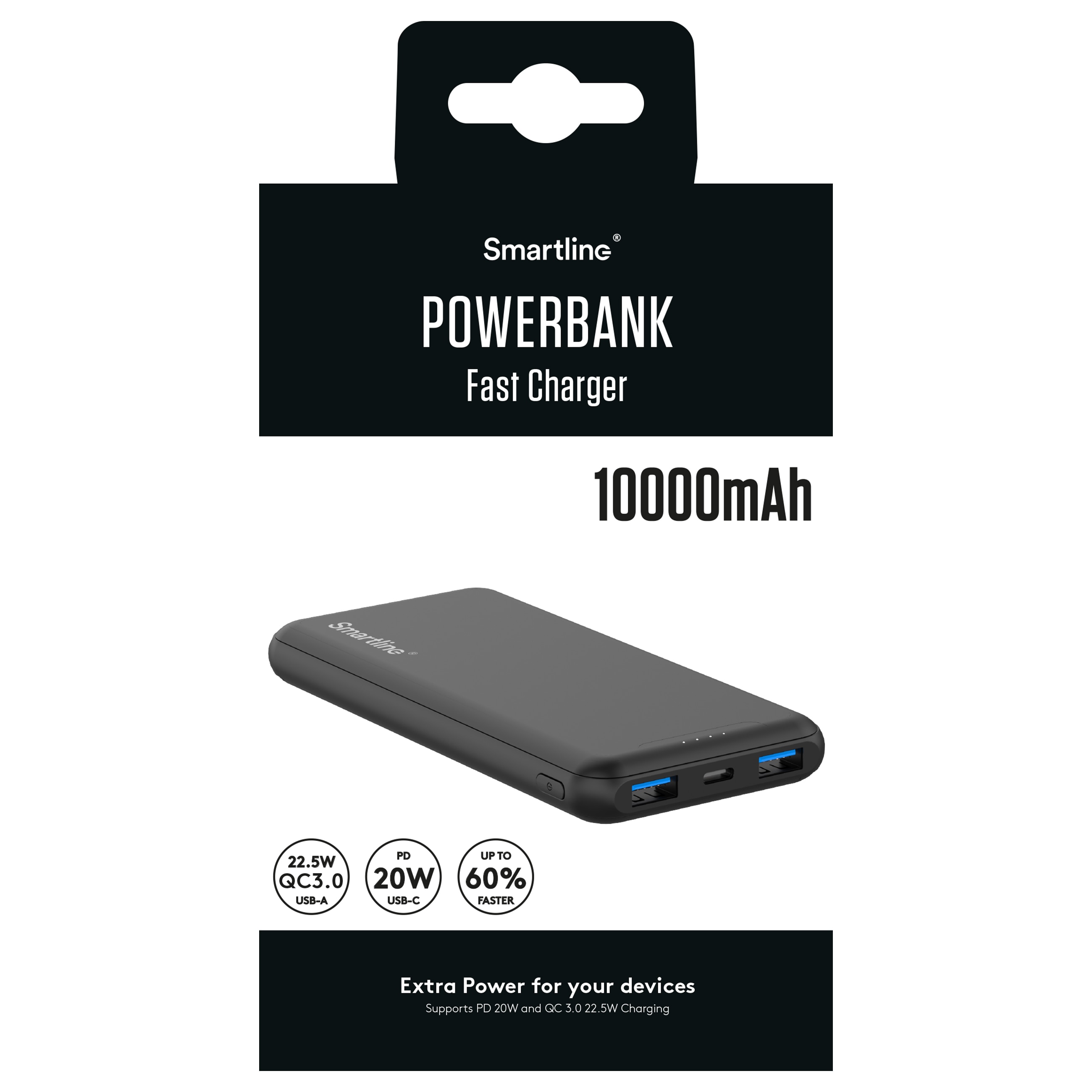 Powerbank 10000 mAh USB-A + USB-C PD Black